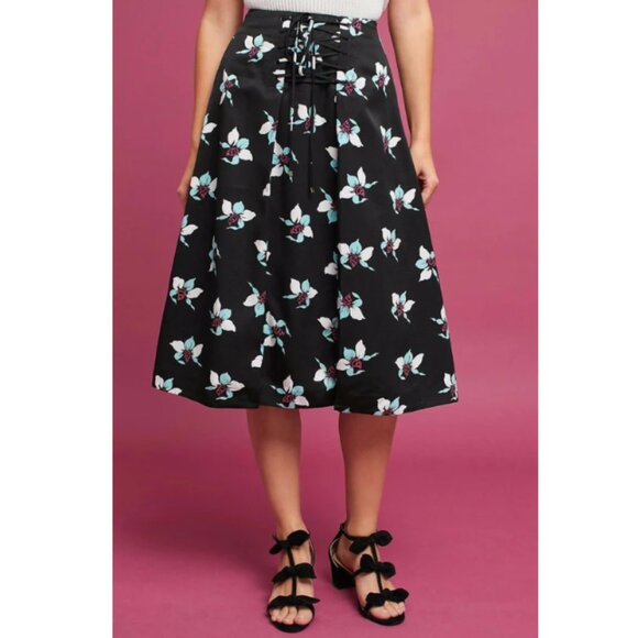 Anthropologie Maeve Midi Skirt 4 Black Blue Floral Lace-Up A-Line High Waist - Picture 2 of 9